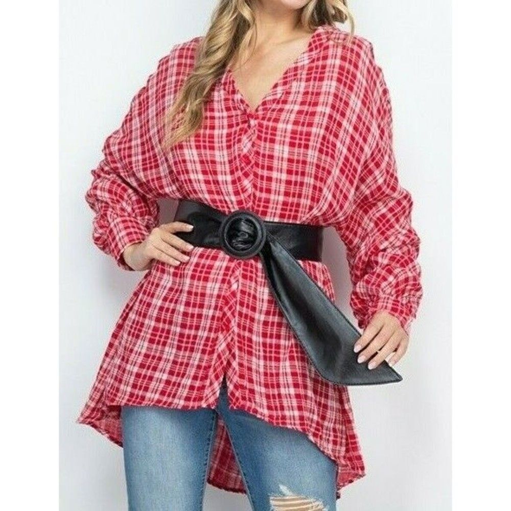 Medium Button Down Top Faux Leather Belt Red & White Plaid Shirt NWT